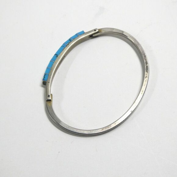 Sterling Silver & Turquoise Inlaid Hinged Bangle Bracelet Vintage - Picture 14 of 15